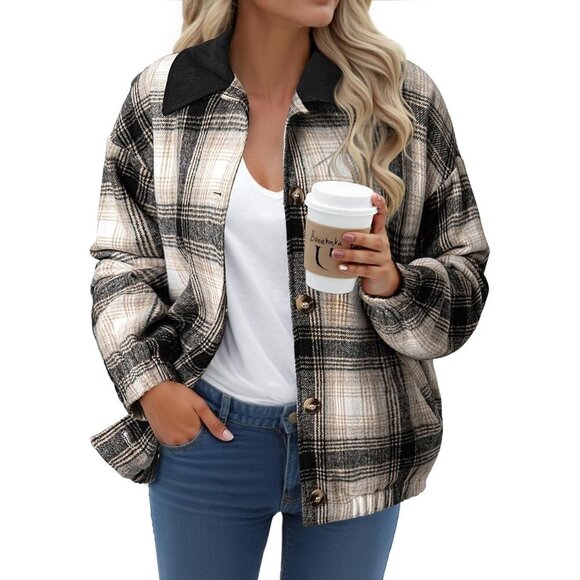 Womens Flannel Plaid Shacket Jacket Corduroy Collar Long Sleeve Fleece Coat